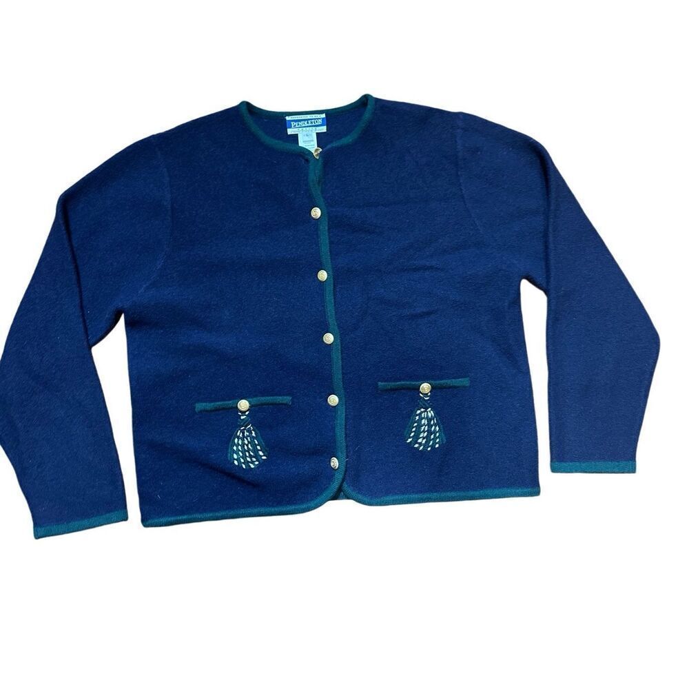 VINTAGE Pendleton Merino Wool Cardigan navy w/ green trim sz L